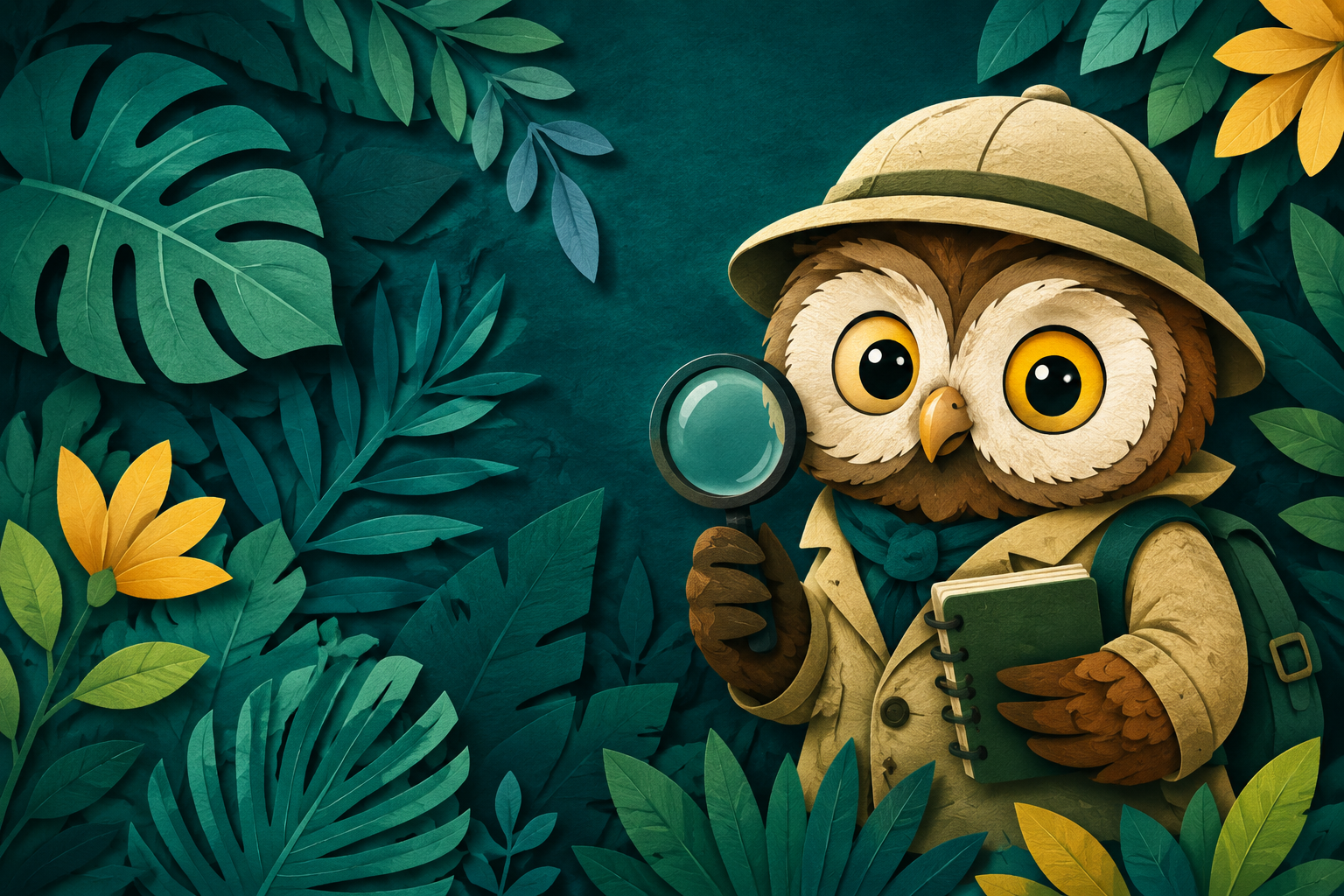 Our owl detective mascot holding a notebook